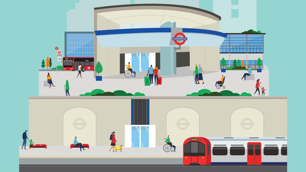 TfL illustration showing a step-free Tube station in London with people around it