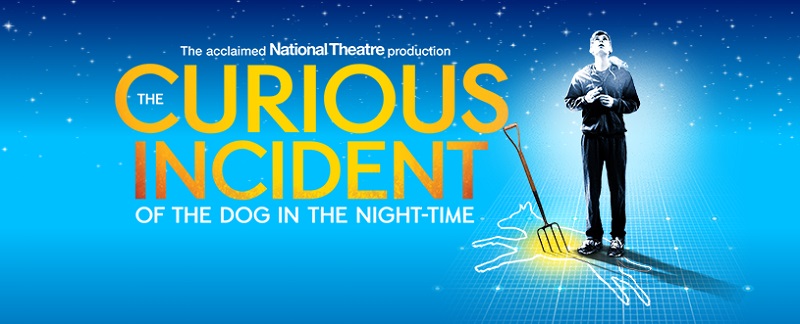 The Curious Incident with the Dog in the Night Garden words on a blue background with the main character Christopher next to it