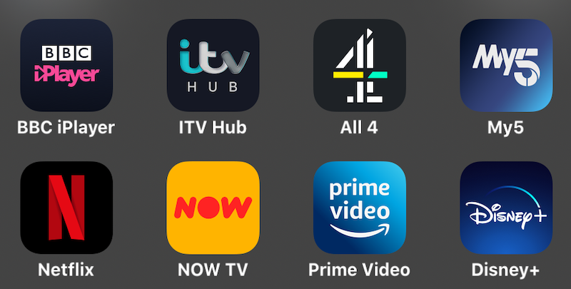 Streaming service apps - Itv hub, Channel 4, Now TV, Prime Video, Netflix, Disney Plus and My 5 - on a grey background