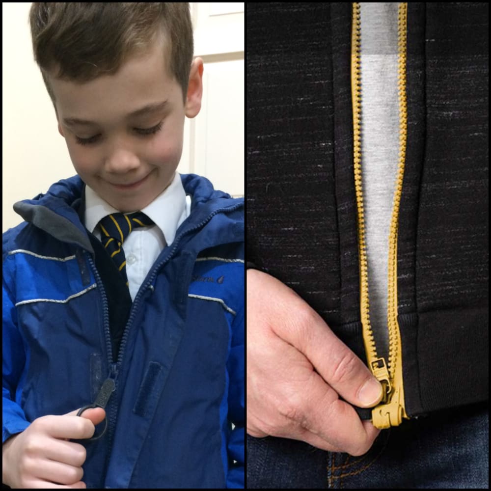 left hand side of the picture shows a child pulling down a zip with a zip grip: righthand show the magzip connecting magnetically