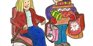 carry the presents xmas card disabled people's voice. Shows a boy with glasses carry all the christmas presents while a lady rides her electric wheelchair - gifts for wheelchair users