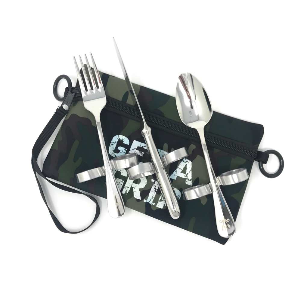 Cutlery with loops knife, fork and spoon set with Camo 'Get a Grip' slogan storage pouch. Adaptive kitchen equipment. Suitable for reduced hand function: tetra, quad, cerebral palsy, SCI, spinal cord injury, stroke and more.