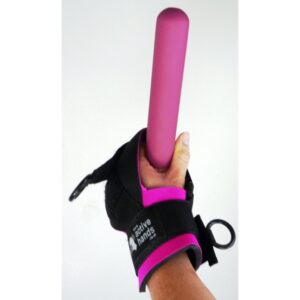 Image shows a hand holding a pink vibrator using the General Purpose gripping aid.