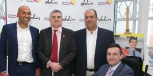 Foundation awards launch event 2018 showing L-R, Amar Latif, 2007 Stelios Winner and Founder of Traveleyes; Neil Heslop, CEO Leonard Cheshire; Sir Stelios Haji-Ioannou; and Josh Wintersgill, 2018 Stelios Winner and Founder of easyTravelseat.