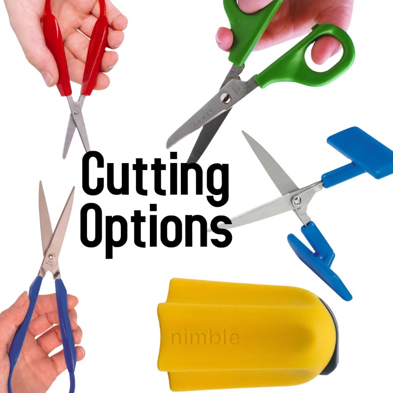 Image shows a range of different scissors options for those with reduced hand functions. Scissors are all around the edge of the image with the words 'cutting options' in the centre.