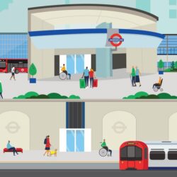 TfL illustration showing a step-free Tube station in London with people around it