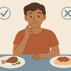 Simple cartoon showing a person choosing between two meals