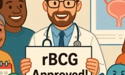 A diverse group of smiling people in a medical setting, with a friendly doctor holding a sign saying “rBCG Approved!”. Background shows a poster with a bladder diagram and “New Hope” written. Easy Read icons like a checkmark and calendar visible.