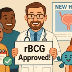 A diverse group of smiling people in a medical setting, with a friendly doctor holding a sign saying “rBCG Approved!”. Background shows a poster with a bladder diagram and “New Hope” written. Easy Read icons like a checkmark and calendar visible.