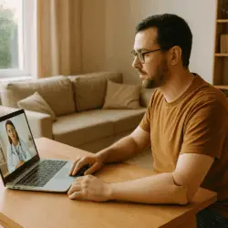 A man with a prosthetic left arm sits at a wooden table in a cozy living room, using a laptop for a video call with a female doctor. The space is warmly lit with beige furniture, a walking cane near the window, and shelves with plants and books in the background.