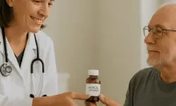 A smiling healthcare provider in a white coat hands a brown medicine bottle to an older man in a wheelchair.