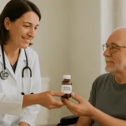 A smiling healthcare provider in a white coat hands a brown medicine bottle to an older man in a wheelchair.