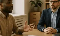 A Black man with limb difference on his right arm speaks confidently to a white male manager across a desk in a modern office. Papers and a laptop lie on the desk, suggesting a workplace discussion or negotiation. Neutral tones and natural light create a professional, inclusive setting.
