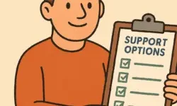 Cartoon man smiling and holding a clipboard with a checklist titled “SUPPORT OPTIONS”.