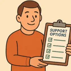 Cartoon man smiling and holding a clipboard with a checklist titled “SUPPORT OPTIONS”.