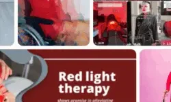 Collage of people using red light therapy devices on different body parts, including face masks, panels, and handheld tools.