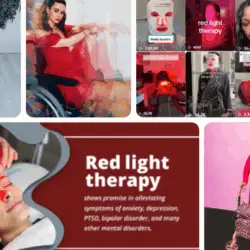 Collage of people using red light therapy devices on different body parts, including face masks, panels, and handheld tools.