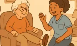 A cartoon caregiver kneels beside an older woman seated in an armchair, guiding her through a seated leg lift in a cozy, sunlit living room.