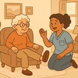 A cartoon caregiver kneels beside an older woman seated in an armchair, guiding her through a seated leg lift in a cozy, sunlit living room.