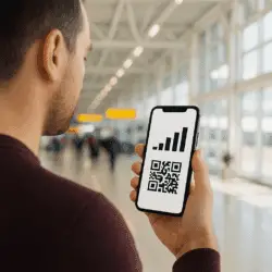 A person at an airport holds a smartphone displaying a signal strength icon above a QR code, showing eSIM activation.