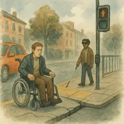 Watercolour illustration of an urban street scene. A man in a wheelchair looks concerned near a cracked curb with no ramp. A blind man with a white cane stands at a pedestrian crossing that lacks tactile paving or audible signals. A car is parked behind them. The setting includes brick buildings and trees under a cloudy sky