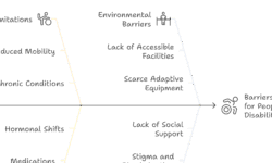 Fishbone diagram of barriers to exercise for people with disabilities: Physical, Environmental, Medical, and Social.