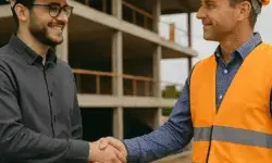 Two men wearing hard hats shake hands at a construction site; one wears a black shirt, the other a safety vest.