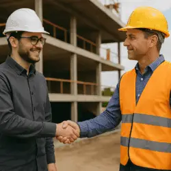 Two men wearing hard hats shake hands at a construction site; one wears a black shirt, the other a safety vest.