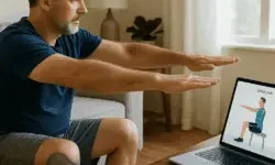 A middle-aged man with a prosthetic leg does guided home rehab exercises while following instructions on a tablet with AI motion tracking in a bright, modern living room.