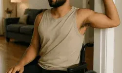 Man in a wheelchair does a shoulder stretch against a doorway, wearing a beige tank top and black pants in a cozy living room.