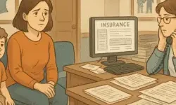 Illustration of a therapy clinic waiting room in the U.S. A parent and their Autistic child sit side by side, both looking concerned. A staff member sits behind a desk on the phone, surrounded by paperwork, with a computer screen displaying the word “INSURANCE.” The scene conveys a sense of delay and quiet frustration.
