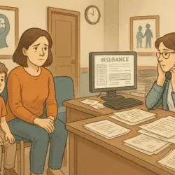 Illustration of a therapy clinic waiting room in the U.S. A parent and their Autistic child sit side by side, both looking concerned. A staff member sits behind a desk on the phone, surrounded by paperwork, with a computer screen displaying the word “INSURANCE.” The scene conveys a sense of delay and quiet frustration.