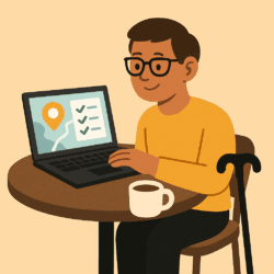 Flat cartoon illustration of a disabled traveler with short brown hair, glasses, and a hearing aid, sitting at a café table with a laptop. A coffee cup sits on the table and a cane leans against the chair. The laptop screen shows a map and a checklist.