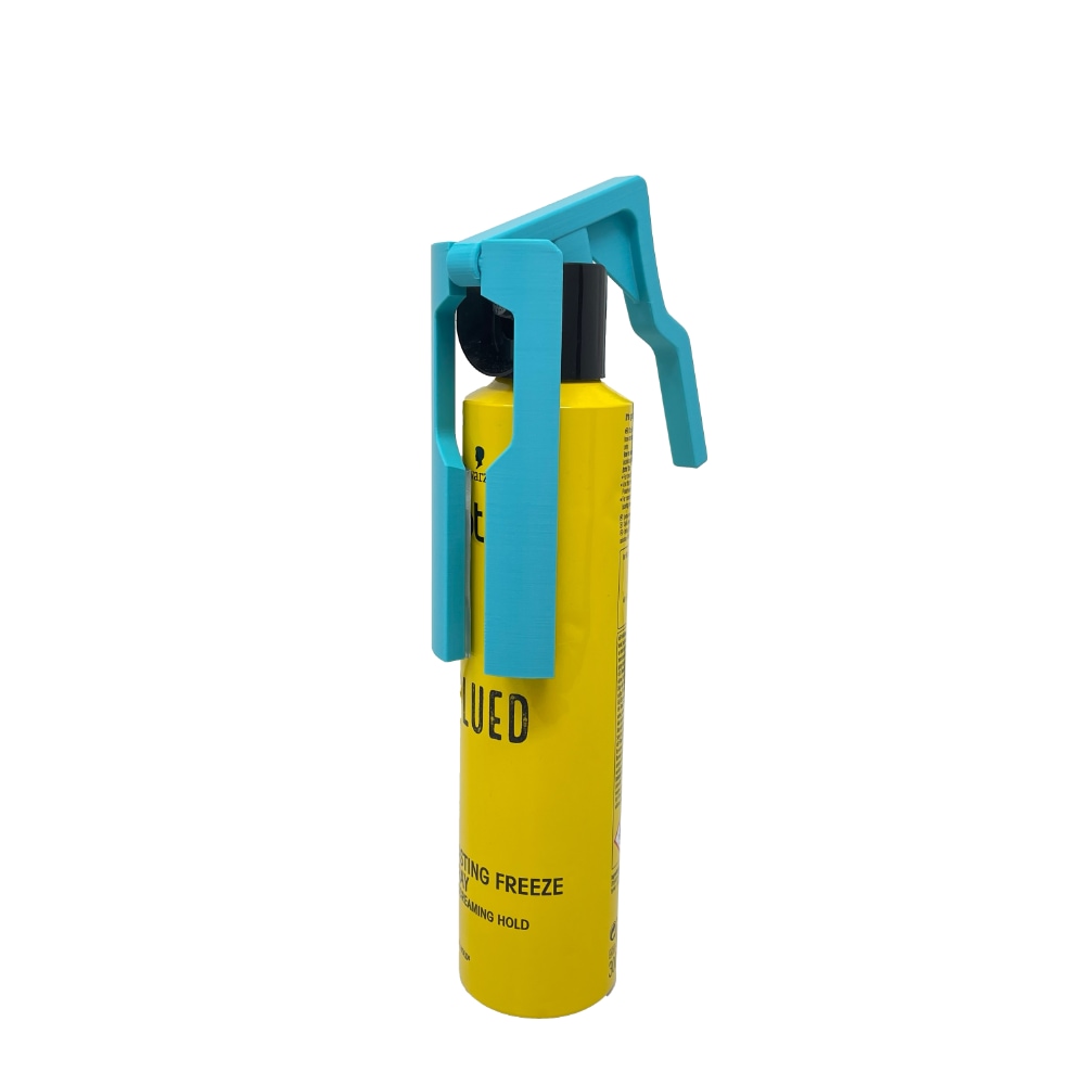 Blue easyspray on a yellow hairspray bottle