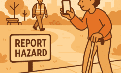 A person using a mobility aid takes a photo of a broken pavement with their phone. A nearby sign says “Report Hazard.” Background includes a public park or town square. A council worker or accessibility officer appears in the distance responding.