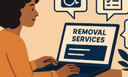Flat cartoon scene of a disabled person at a desk comparing removal services on a laptop, surrounded by icons showing ramps, checklists, and insurance papers.