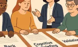 Simplified cartoon of translators, researchers, and disabled advocates working together around a table with papers labeled “Back Translation,” “Cognitive Debriefing,” and “Validation.” Friendly, inclusive tone using brand colors.