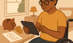 cartoon image: A student reviews finances on a tablet while sitting in an accessible dorm room. A piggy bank, coins, and bursary forms (shown as blank icons, no text) represent planning and budgeting. The student looks content and focused, surrounded by everyday study essentials.