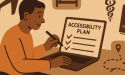cartoon image: A disabled traveller at a table with a laptop open and a checklist titled “Accessibility Plan.” Around them are small icons: airplane, wheelchair-accessible hotel, medical symbol, and passport.