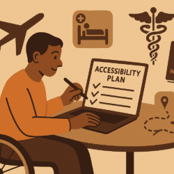 cartoon image: A disabled traveller at a table with a laptop open and a checklist titled “Accessibility Plan.” Around them are small icons: airplane, wheelchair-accessible hotel, medical symbol, and passport.