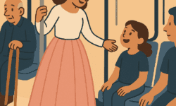 Flat cartoon illustration of a woman standing on a train wearing a long pink tulle skirt, smiling warmly at a young girl seated nearby. The woman holds a rail with one hand and extends the other toward the girl, who looks up at her with admiration. Other passengers, including an older man with a cane, sit nearby. The scene is set against a warm beige background with simple navy and brown details, creating an inclusive and optimistic mood.