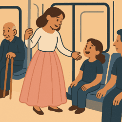 Flat cartoon illustration of a woman standing on a train wearing a long pink tulle skirt, smiling warmly at a young girl seated nearby. The woman holds a rail with one hand and extends the other toward the girl, who looks up at her with admiration. Other passengers, including an older man with a cane, sit nearby. The scene is set against a warm beige background with simple navy and brown details, creating an inclusive and optimistic mood.