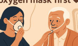 Flat cartoon illustration of a carer calmly putting on their own oxygen mask before assisting another person, echoing airplane safety advice. Two simplified, friendly characters — one caring adult and one older person — in a warm beige background. Soft, rounded shapes, minimal facial detail, and gentle body language showing care and calm. Include a subtle heart or care symbol between them.