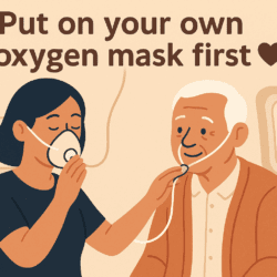 Flat cartoon illustration of a carer calmly putting on their own oxygen mask before assisting another person, echoing airplane safety advice. Two simplified, friendly characters — one caring adult and one older person — in a warm beige background. Soft, rounded shapes, minimal facial detail, and gentle body language showing care and calm. Include a subtle heart or care symbol between them.