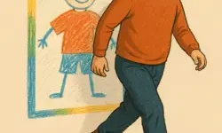 An adult man walks confidently out of a childlike crayon drawing that shows a smiling boy in the same pose and clothes.
