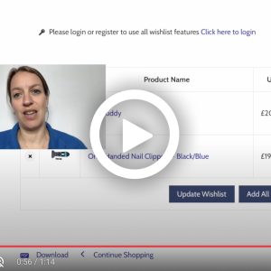 Image shows a screenshot of our website wishlist page with an insert of Jo talking to camera at the side. There is a play button indicating this is a video link.