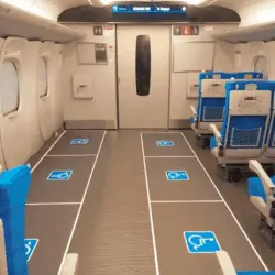 Wheelchair spaces with accessibility symbols marked on the floor inside a Shinkansen train car. Blue passenger seats line the right side.