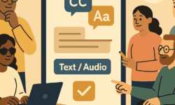 llustration of five diverse people engaging with a large smartphone screen showing accessibility options like captions (CC), large text (Aa), and text/audio toggles. One person uses a wheelchair, another uses a laptop and wears dark glasses. A speech icon indicates audio content.