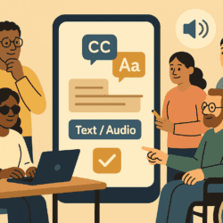 llustration of five diverse people engaging with a large smartphone screen showing accessibility options like captions (CC), large text (Aa), and text/audio toggles. One person uses a wheelchair, another uses a laptop and wears dark glasses. A speech icon indicates audio content.