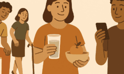 Illustration of four people representing healthy habits: one person seated and stretching, another walking with a cane, one holding a glass of water and a bowl of fruit, and another smiling at a phone with a speech bubble.